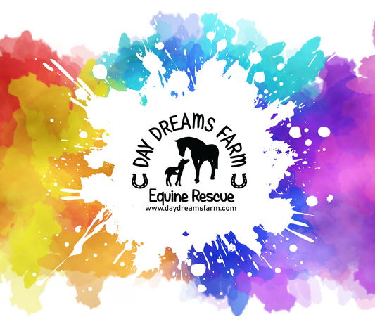 Colorful abstract watercolor design with Day Dreams Farm Equine Rescue logo